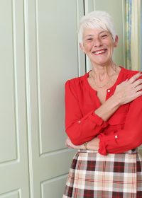 Granny in red lingerie plays with her regal body all day